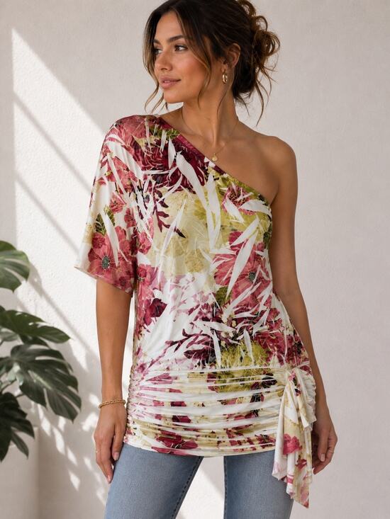 Arden B. Tops - Arden B Y2K Floral One Shoulder Ruched Tunic Top M